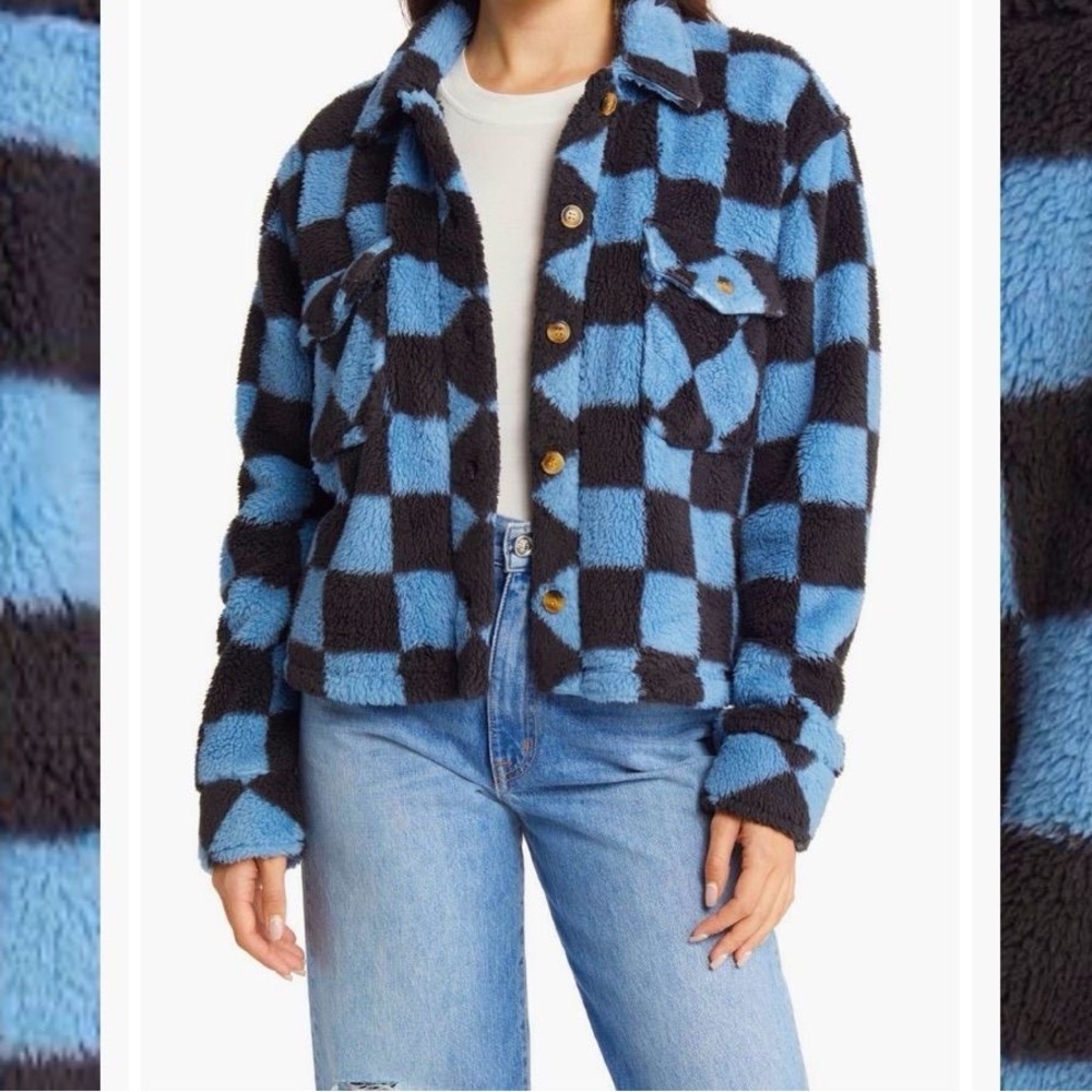 Thread and Supply Crop Fleece Shirt Jacket in Blue Black Check